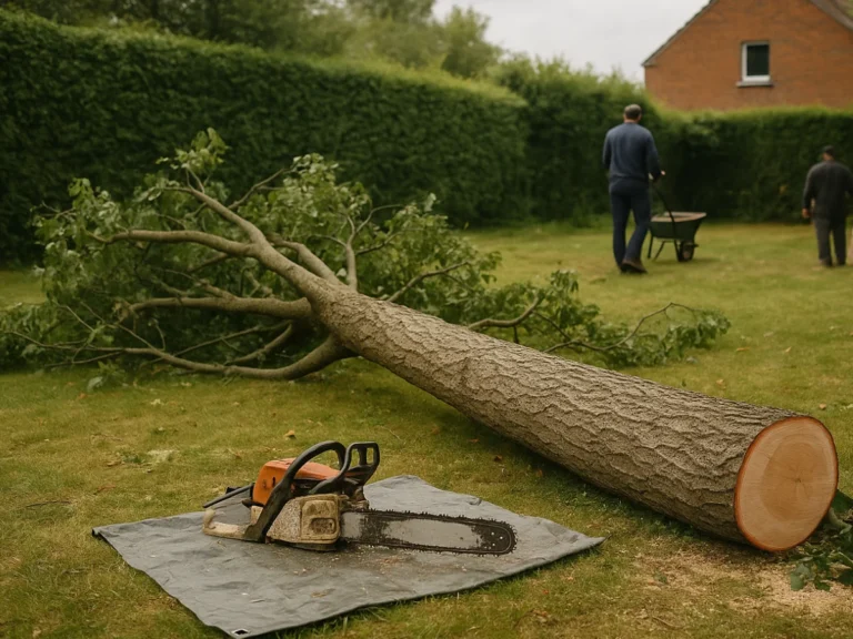 Arbre abattu et tronçonneuse posée sur bâche dans un jardin à Tourcoing