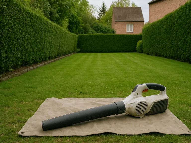 Souffleur thermique posé sur pelouse entretenue dans un jardin à Tourcoing