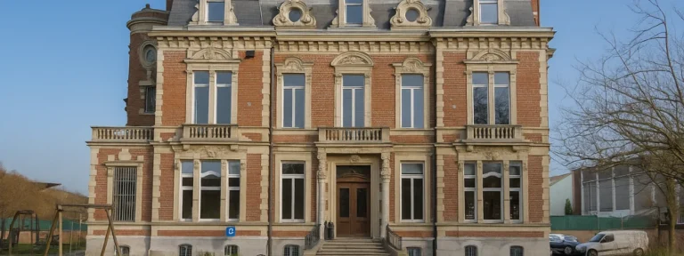 Façade de l’hôtel de ville de Croix, avec architecture en briques rouges et pierre sculptée
