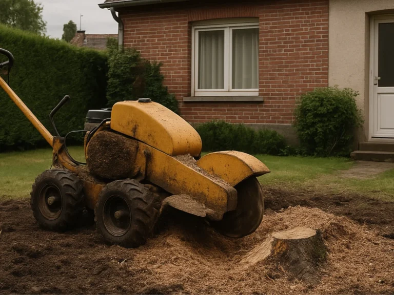 Machine en action pour retirer une souche d’arbre dans un jardin à Tourcoing