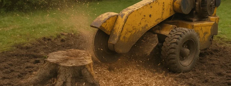 Rognage de souche avec engin professionnel dans un jardin à Tourcoing – Élagage Tourcoing.