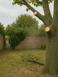 Branches coupées en chute après élagage d’un arbre à Leers – Elagage Tourcoing