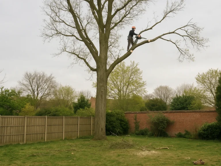 Élagueur en action sur un arbre à grande hauteur à Tourcoing