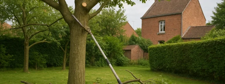 Élagage d’un arbre en cours avec perche télescopique dans un jardin résidentiel à Tourcoing, réalisé par Élagage Tourcoing.