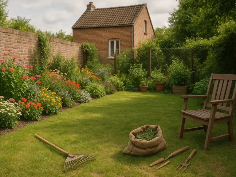Massif de fleurs colorées et gazon bien tondu dans un jardin entretenu – Elagage Tourcoing
