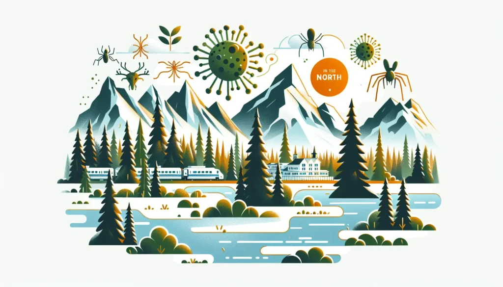 Paysage nordique avec arbres et montagnes.
