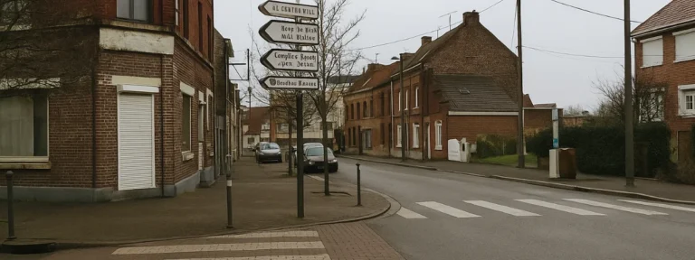 Scène urbaine à Neuville-en-Ferrain avec panneaux de direction et maisons en briques, utilisée pour illustrer l’intervention locale d’Élagage Tourcoing.