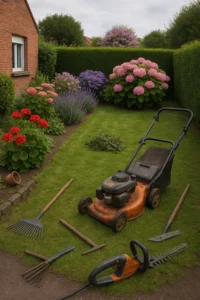Jardin fleuri avec tondeuse et outils de jardinage à Hem - Elagage Tourcoing