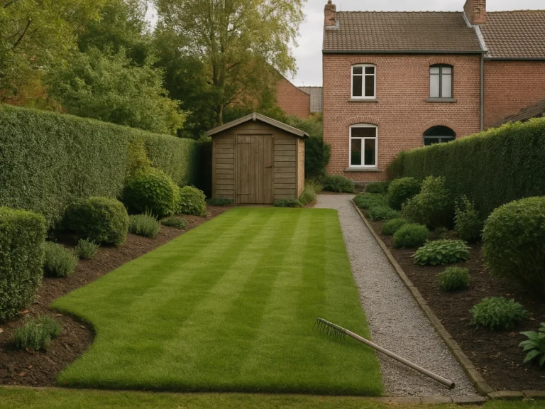 Jardin entretenu avec haies taillées, allées gravillonnées et pelouse tondue à Tourcoing