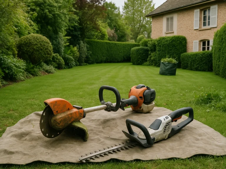 Outils professionnels posés sur une bâche dans un jardin entretenu – Élagage Tourcoing