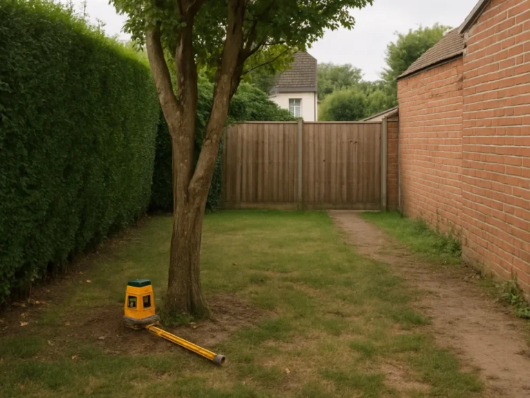 Vue d’un jardin clos par des haies et une clôture en bois, illustrant la réglementation d’élagage à Tourcoing – Elagage Tourcoing