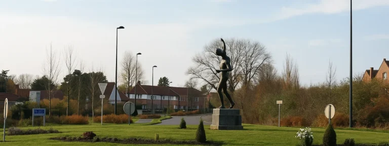 Rond-point avec statue de la Flèche à Wasquehal, près d’un quartier résidentiel