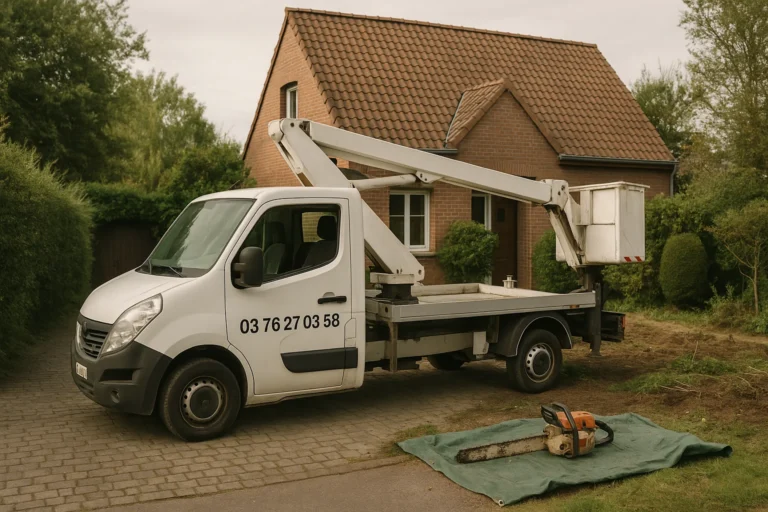 Camion nacelle avec tronçonneuse au sol devant une maison, illustrant les équipements utilisés par l’équipe d’Élagage Tourcoing pour ses interventions.