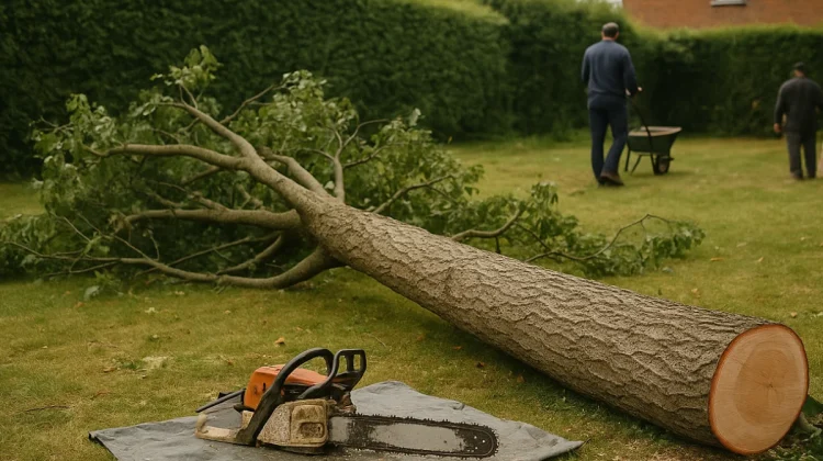 Arbre abattu et tronçonneuse posée sur bâche dans un jardin à Tourcoing