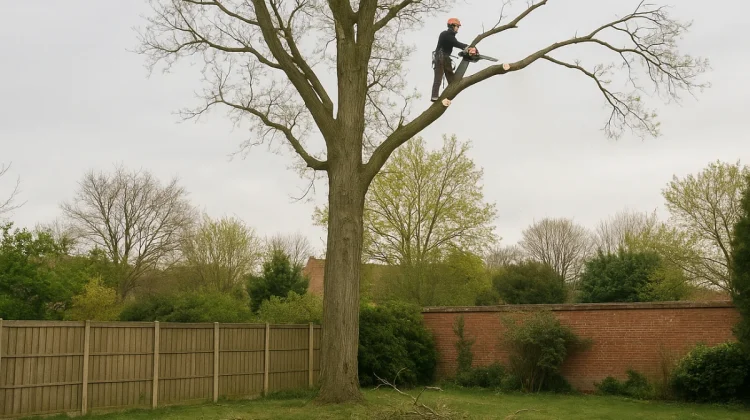 Élagueur en action sur un arbre à grande hauteur à Tourcoing
